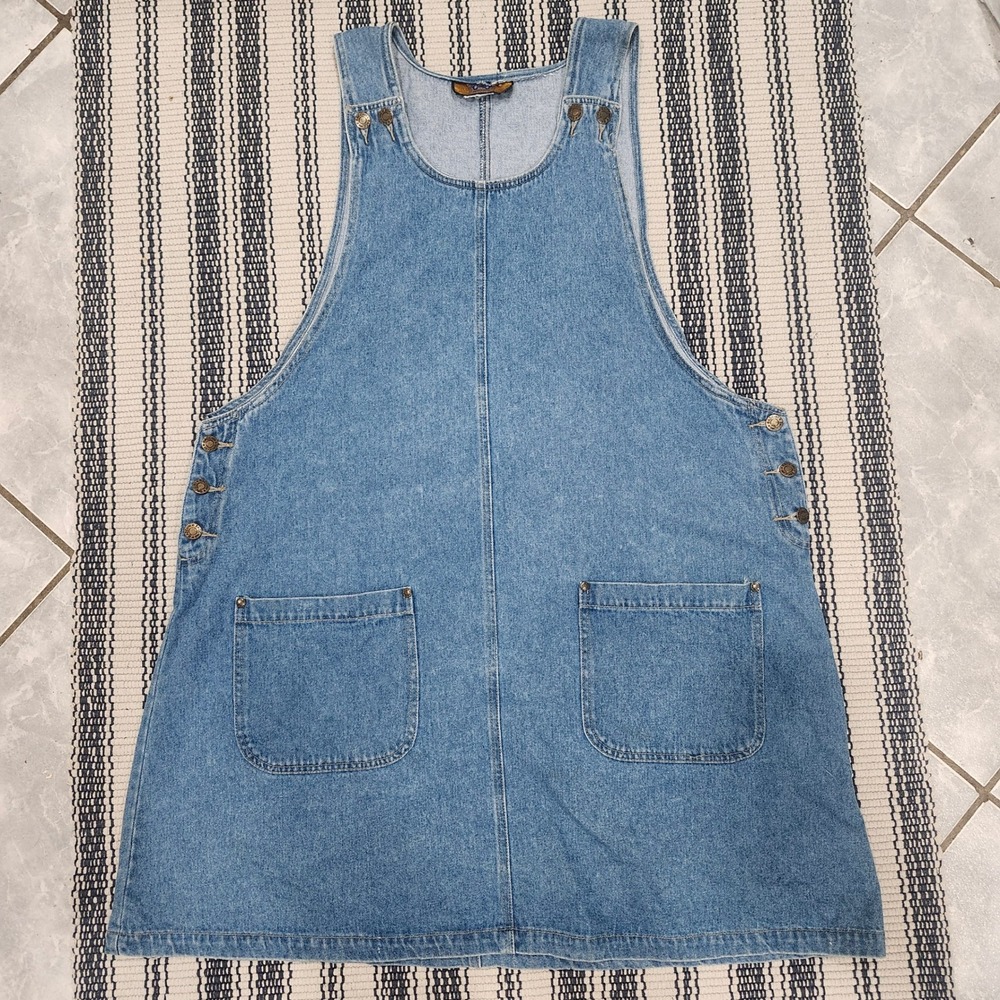 Vintage Baccini Denim Pinafore Dress Blue Overall Layering Jumper L XL